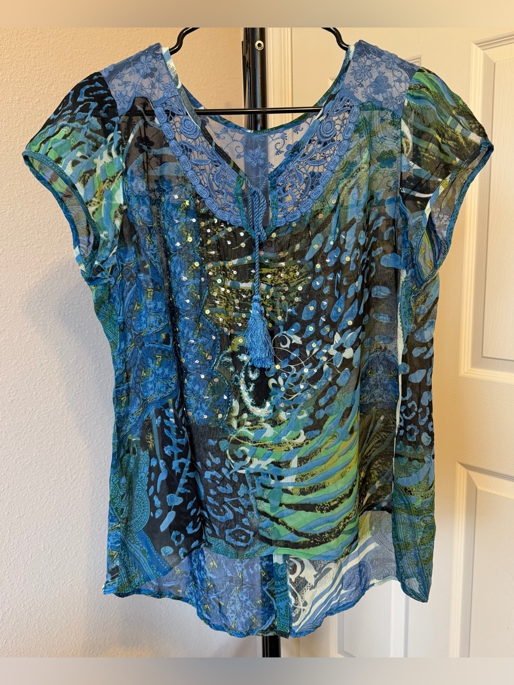Bila women’s XL blue sheer blouse lace embroidered boho festival whimsigoth y2k